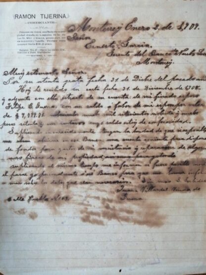 Documento Antiguo 1909 Carta Comercial De Monterrey - Image 3