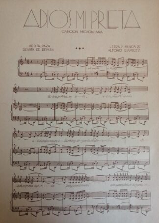 PARTITURA ANTIGUA INEDITA. ADIOS MI PRIETA./ALFONSO RAMIREZ 1937