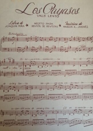 PARTITURA ANTIGUA INEDITA. LOS PAYASOS. MARCOS A. JIMENEZ 1937