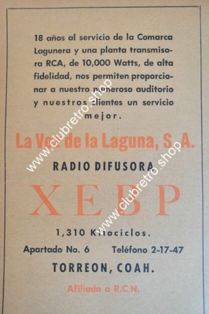 AFICHE DE PUBLICIDAD RETRO RADIO DIFUSORA XEBP RADIO TORREON 1957 /246
