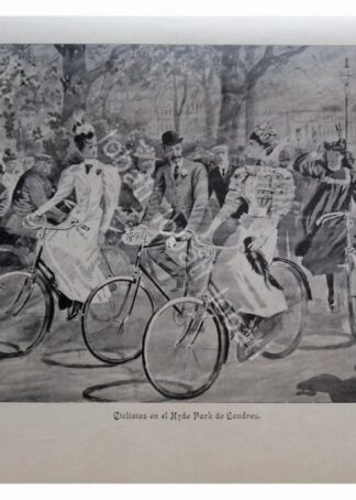 NOTAS Y GRABADO ANTIGUO 1896 CICLISTAS DE LONDRES ETC