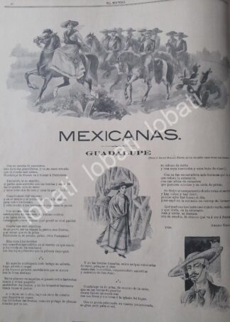 CARTEL ANTIGUO ORIGINAL DE POEMA INEDITO DE AMADO NERVO. MEXICANAS-GUADALUPE 1899 DIBUJO DE CARLOS ALCALDE