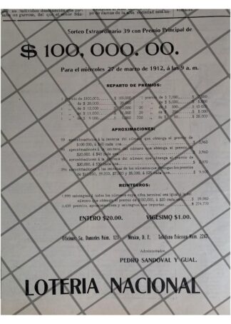 AFICHE ANTIGUO LOTERIA NACIONAL PEDRO SANDOVAL Y GUAL /2