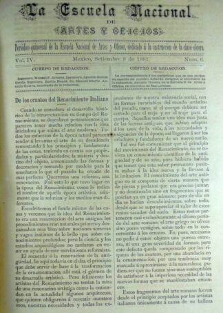 GACETA ANTIGUA. ESCUELA NACIONAL DE ARTES Y OFICIOS. SEP 1881