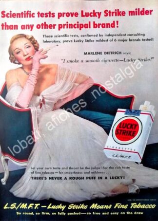 CARTEL ANTIGUO ORIGINAL DE MARLENE DIETRICH Y CIGARROS LUCKY STRIKE 1950 / FEP