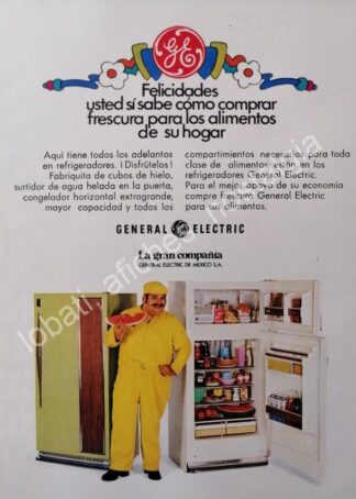 CARTEL ANTIGUO ORIGINAL DE EDGAR VIVAR EN REFRIGERADORES GENERAL ELECTRIC 1980s /FEP