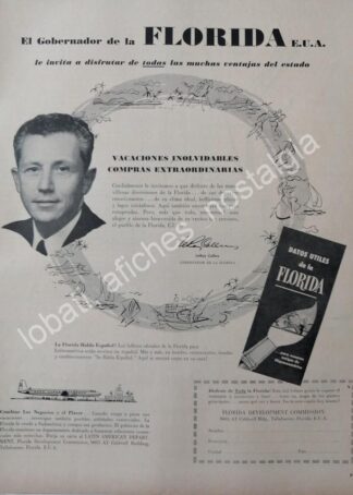 CARTEL ANTIGUO ORIGINAL DE LEROY COLLINS DEPARTAMENTO DE TURISMO DE FLORIDA 1956 /FEP