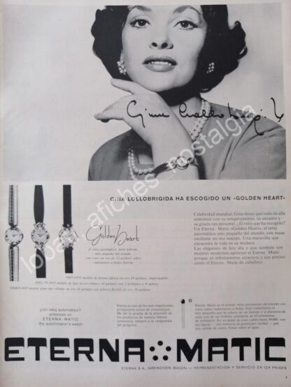 CARTEL ANTIGUO ORIGINAL DE GINA LOLLOBRIGIDA Y LOS RELOJES ETERNAMATIC 1956 / FEP