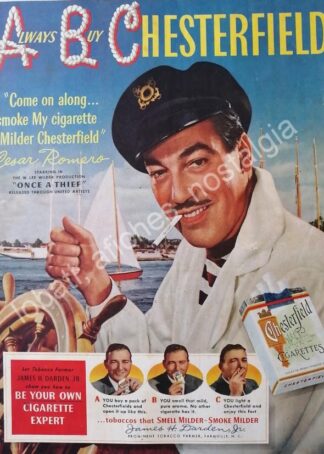 CARTEL ANTIGUO ORIGINAL DE CESAR ROMERO Y CIGARROS CHESTERFIELD 1950 / RARO. FEP