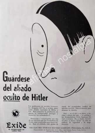 CARTEL ANTIGUO ORIGINAL DE ADOLF HITLER EN ACUMULADORES EXIDE 1943 / SUPER RARO