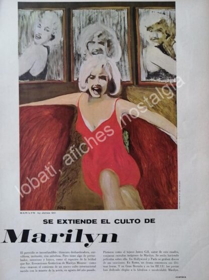 CARTEL ANTIGUO ORIGINAL DE NOTA. SE EXTIENDE EL CULTO DE MARILYN MONROE 1962