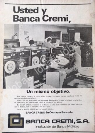 CARTEL ANTIGUO ORIGINAL DE BANCO. BANCA CREMI S.A 1978 /195
