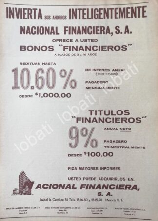 CARTEL ANTIGUO ORIGINAL DE BANCO. BONOS DE NAFINSA. NACIONAL FINANCIERA 1960s /214