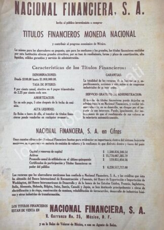 CARTEL ANTIGUO ORIGINAL DE BANCO. NAFINSA. NACIONAL FINANCIERA 1960s /215