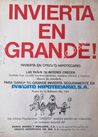 CARTEL ANTIGUO ORIGINAL DE BANCO CREDITO HIPOTECARIO S.A 1972 /192