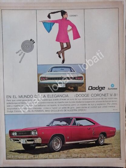 CARTEL ANTIGUO ORIGINAL DE AUTOS CHRYSLER DODGE CORONET V8 1968 /144 GRANDE