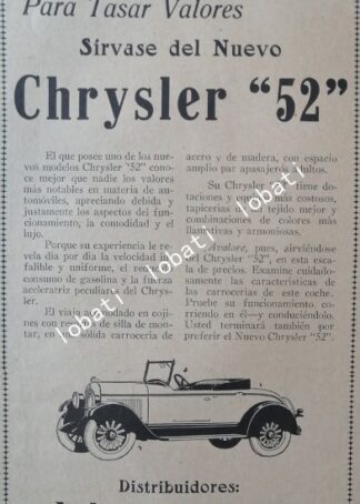 CARTEL ANTIGUO ORIGINAL DE AUTOS CHRYSLER 1920 MODELO 52 MUY RARO