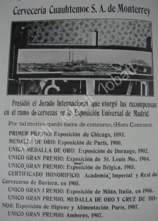 CARTEL ANTIGUO ORIGINAL DE CERVECERIA CUAUHTEMOC 1909 CONCURSO CERVECERO / MUY RARO