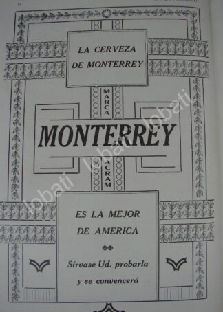 CARTEL ANTIGUO ORIGINAL DE CERVEZA MONTERREY 1909 CERVECERIA CUAUHTEMOC