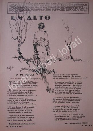 CARTEL ANTIGUO ORIGINAL DE POEMA INEDITO DE PASCUAL ORTIZ RUBIO 1930 DIBUJO DE ANDRES AUDIFFRED