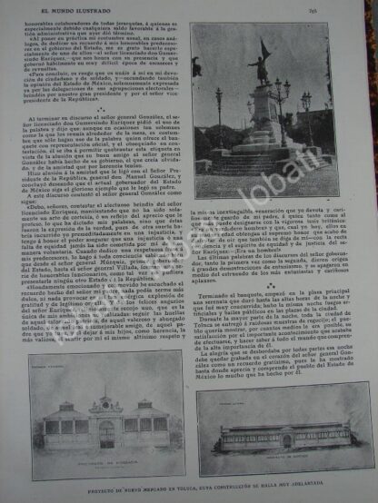 CARTEL ANTIGUO ORIGINAL DE REPORTAJE 1909 ESTADO DE MEXICO, GOBIERNO, LUGARES, ESCUELA NORMAL ETC. - Image 7