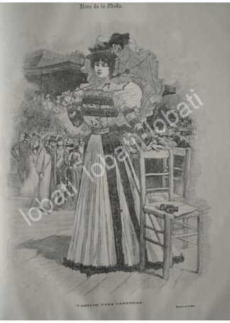 GRABADO ANTIGUO 1897. TENDENCIAS DE MODAS. VESTIDO DE CARRERAS /116