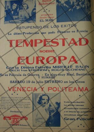 CARTEL RETRO PELICULA. MANACES /TEMPESTAD SOBRE AUROPA 1941 /4