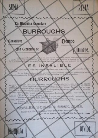 CARTEL PUBLICITARIO ANTIGUO. SUMADORA BURROUGHS 1906