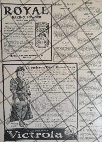 CARTEL PUBLICITARIO RETRO VICTROLA Y TITTA RUFFO 1911 ROYAL