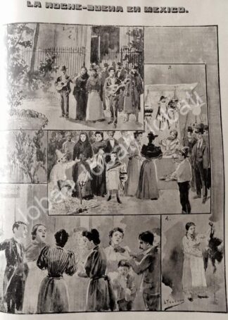 GRABADO ANTIGUO 1895 POR: LEANDRO IZAGUIRRE. NOCHE BUENA EN MEXICO