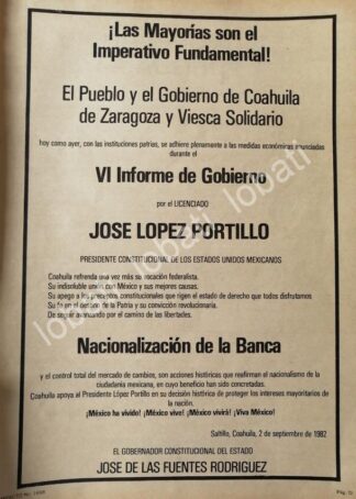 CARTEL ANTIGUO ORIGINAL DE COAHUILA FELICITA A LOPEZ PORTILLO POR VI INFORME 1982 /N91