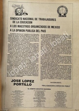 CARTEL ANTIGUO ORIGINAL DE SNTE APOYO A LOPEZ PORTILLO 1982 /N90
