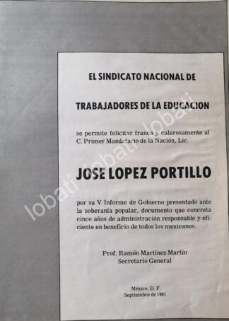 CARTEL ANTIGUO ORIGINAL DE SINDICATO DE MAESTROS FELICITA A JOSE LOPEZ PORTILLO 1981 /69