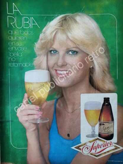 CARTEL ANTIGUO ORIGINAL DE CERVEZA SUPERIOR NUEVO ENVASE "BELLA" 1981