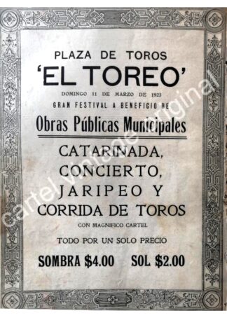 CARTEL ANTIGUO ORIGINAL DE PLAZA DE TOROS EL TOREO 1922 ART NOUVEAU / RARO