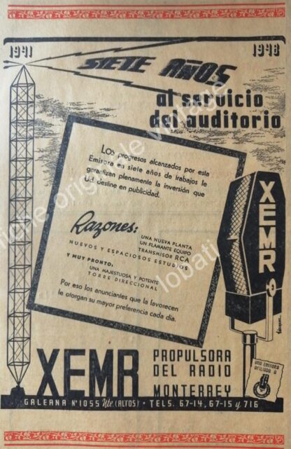 CARTEL ANTIGUO ORIGINAL DE SET DE 3. RADIO DIFUSORAS DE MONTERREY .1940s-60s - Image 2