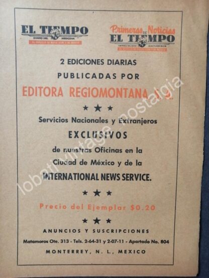 CARTEL ANTIGUO ORIGINAL DE SET DE 4. PERIODICO EL TIEMPO. MONTERREY, AÑOS 50s-60s - Image 4