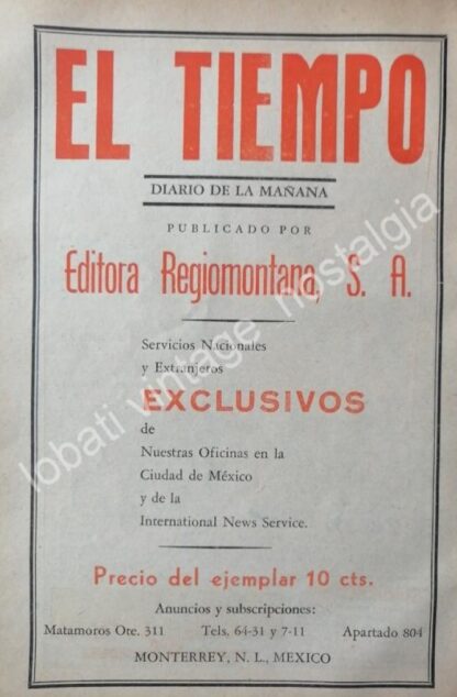 CARTEL ANTIGUO ORIGINAL DE SET DE 4. PERIODICO EL TIEMPO. MONTERREY, AÑOS 50s-60s - Image 3