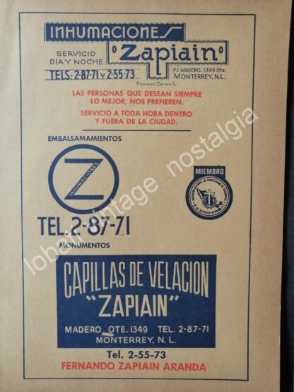 CARTEL ANTIGUO ORIGINAL DE SET DE 3 AFICHES FUNERALES ZAPIAIN MONTERREY AÑOS 50s 60s - Image 3