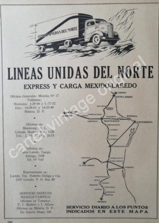 CARTEL ANTIGUO ORIGINAL DE LINEAS UNIDAS DEL NORTE S.A 1944 MONTERREY
