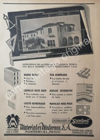 CARTEL ANTIGUO ORIGINAL DE EMPRESAS. MATERIALES MODERNOS S.A 1942 MONTERREY