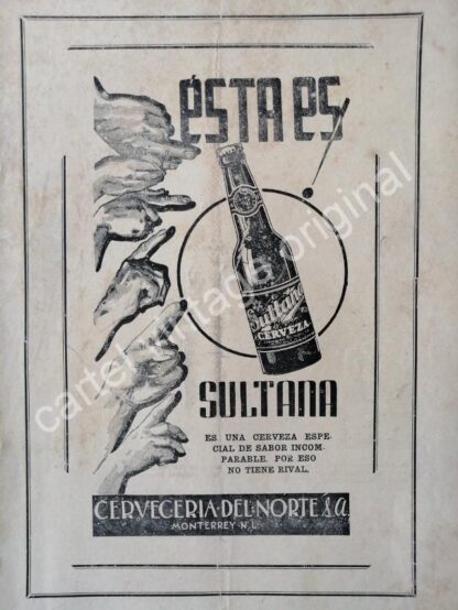 CARTEL ANTIGUO ORIGINAL DE CERVEZA SULTANA 1942 CERVECERIA DEL NORTE S.A MONTERREY /RARO - Image 2