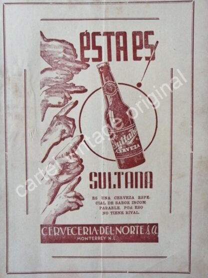 CARTEL ANTIGUO ORIGINAL DE CERVEZA SULTANA 1942 CERVECERIA DEL NORTE S.A MONTERREY /RARO - Image 3