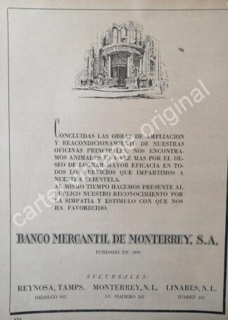 CARTEL ANTIGUO ORIGINAL DE BANCO MERCANTIL DE MONTERREY 1942