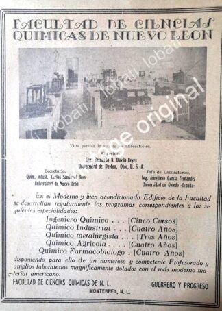 CARTEL ANTIGUO ORIGINAL DE PUBLICIDAD ANTIGUA FACULTAD DE QUIMICA UANL 1945 /MUY RARO