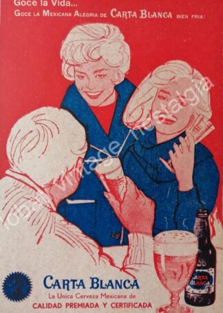 CARTEL ANTIGUO ORIGINAL DE CARTELITO CERVEZA CARTA BLANCA AÑOS 60s GOCE LA VIDA