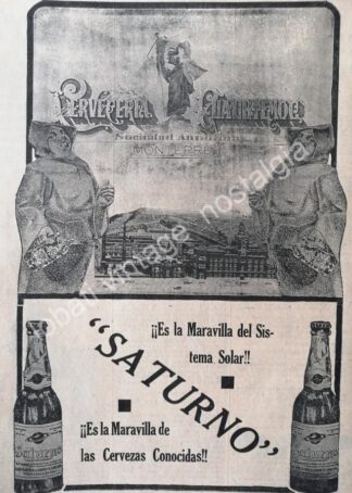 CARTEL ANTIGUO ORIGINAL DE CERVEZA SATURNO 1910 Y LA CERVECERIA CIAUHTEMOC / RARO