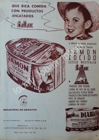 CARTEL ANTIGUO ORIGINAL DE JAMON COCIDO IDA. INDUSTRIAL DE ABASTOS S.A 1950s / MUY RARO
