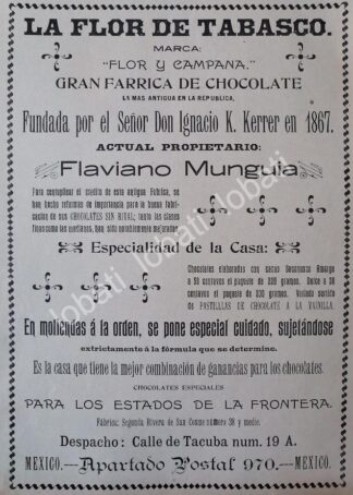 CARTEL ANTIGUO ORIGINAL DE FABRICA DE CHOCOLATES LA FLOR DE TABASCO 1898 / MUY RARO