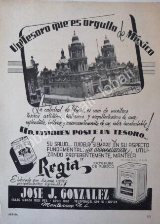 CARTEL ANTIGUO ORIGINAL DE MANTECA REGIA DE JOSE G. GONZALEZ 1943 /18 MONTERREY